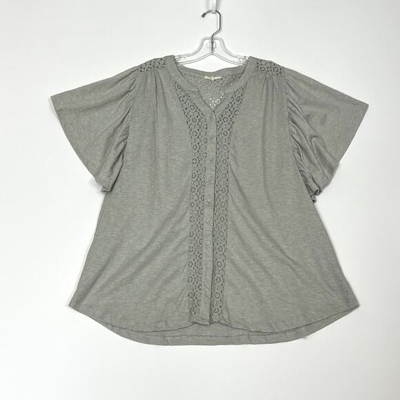 Easel Flutter Sleeve Button Up Lace Top Gray Womens Large - Picture 2 of 12